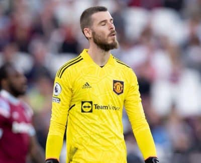 David De Gea Of Manchester United Gestures During The Premier League Match Between West Ham United And Manchester United At The London Stadium, Stratford On Sunday 7Th May 2023