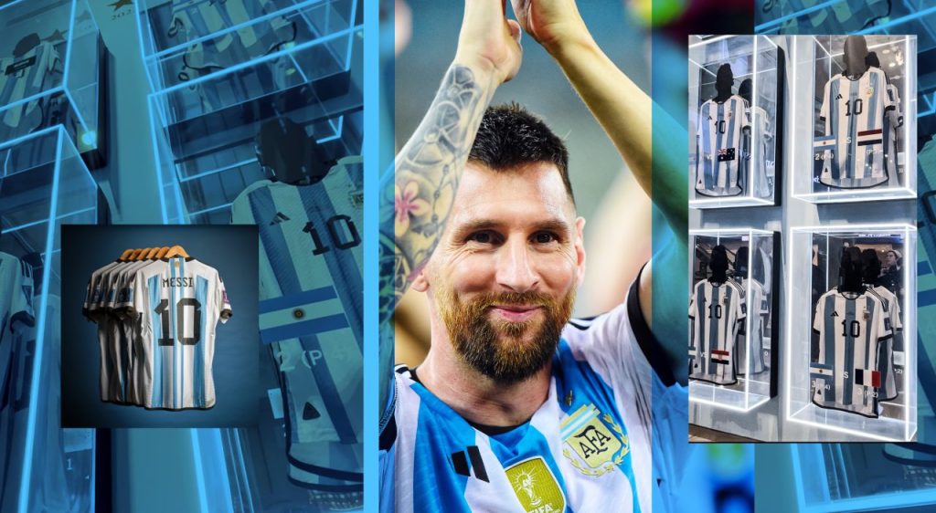 Las camisetas del Mundial de Messi expuestas durante la subasta de Sotheby’s